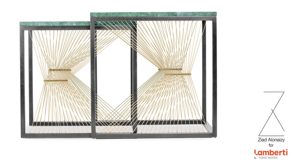 Tavolini design contemporaneo in marmo verde, ottone e acciaio annerito - Lamberti