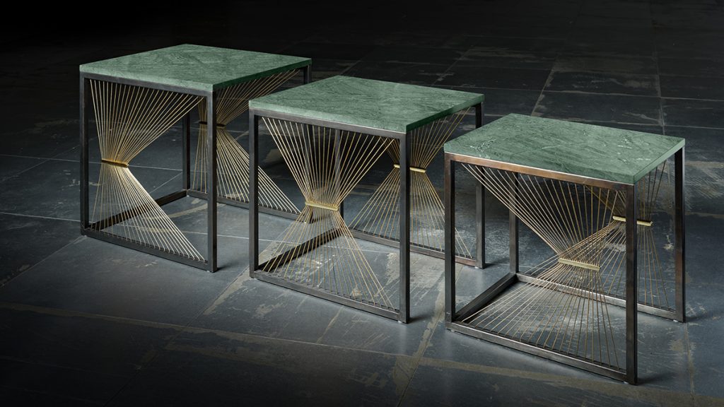 Luxury tables in marble, steel, brass and metal wires hand made in Italy - Lamberti - Tavolini design contemporaneo in marmo verde, ottone e acciaio annerito - Lamberti