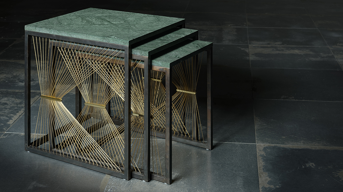Luxury tables in marble, steel, brass and metal wires hand made in Italy - Lamberti - Tavolini design contemporaneo in marmo verde, ottone e acciaio annerito - Lamberti