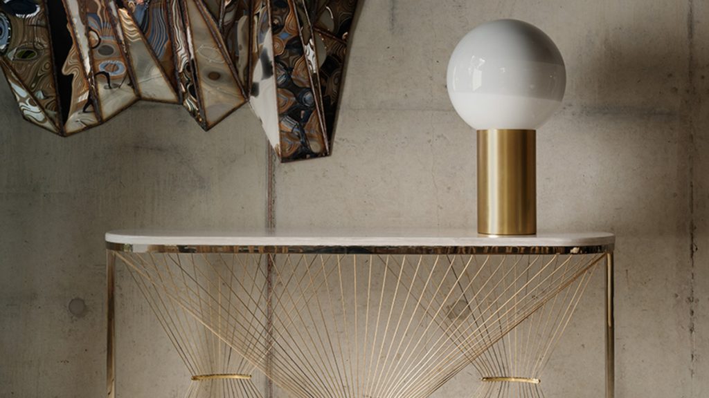 Consolle design moderno in marmo, acciaio ottone e trefoli dorati - Lamberti Design